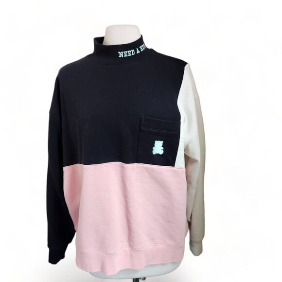 Teddy Fresh Sweatshirt Unisex M Need A Hug Color Block Mock Neck Black Pink - Picture 16 of 16